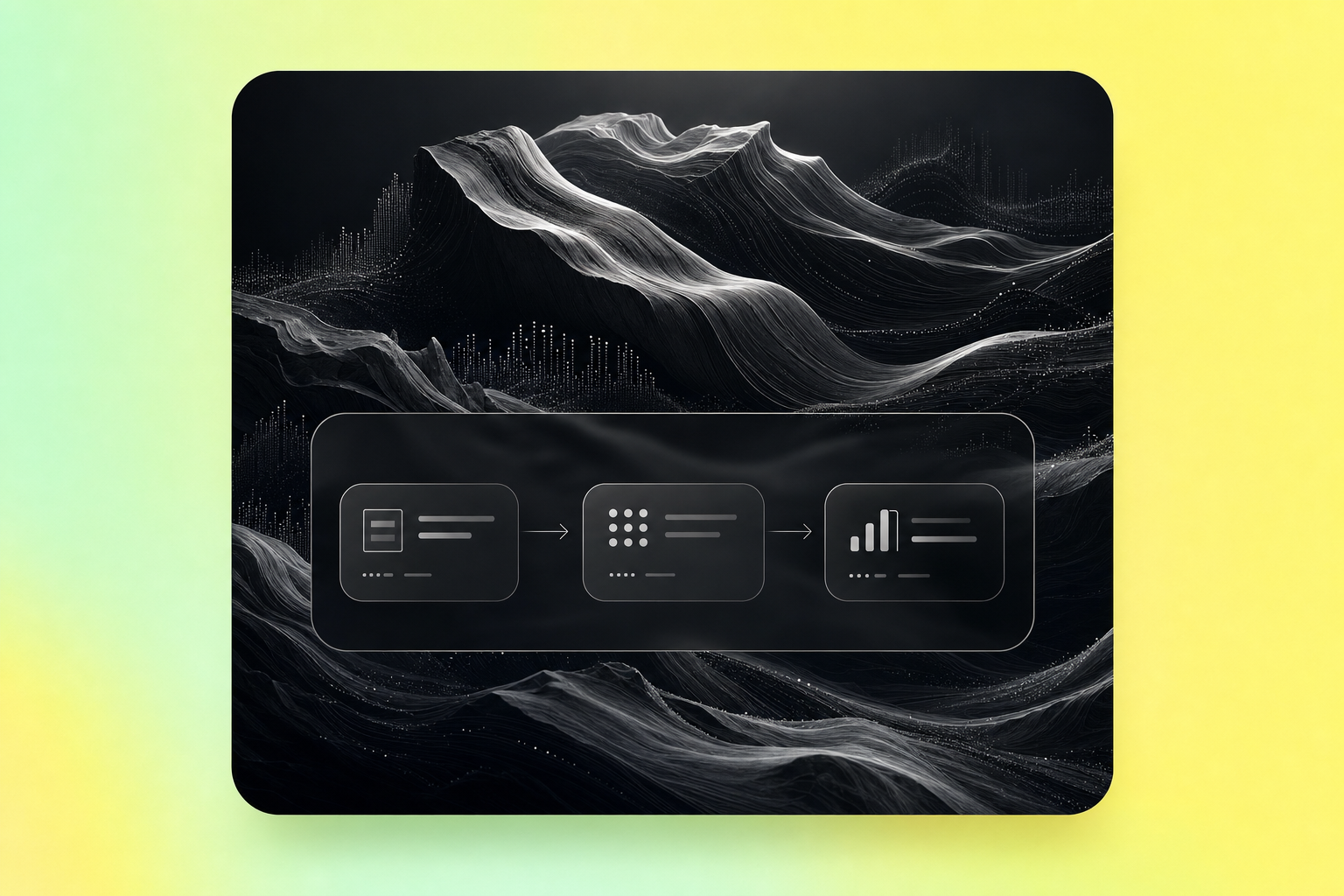 An intelligent workflow panel over a monochrome neural landscape