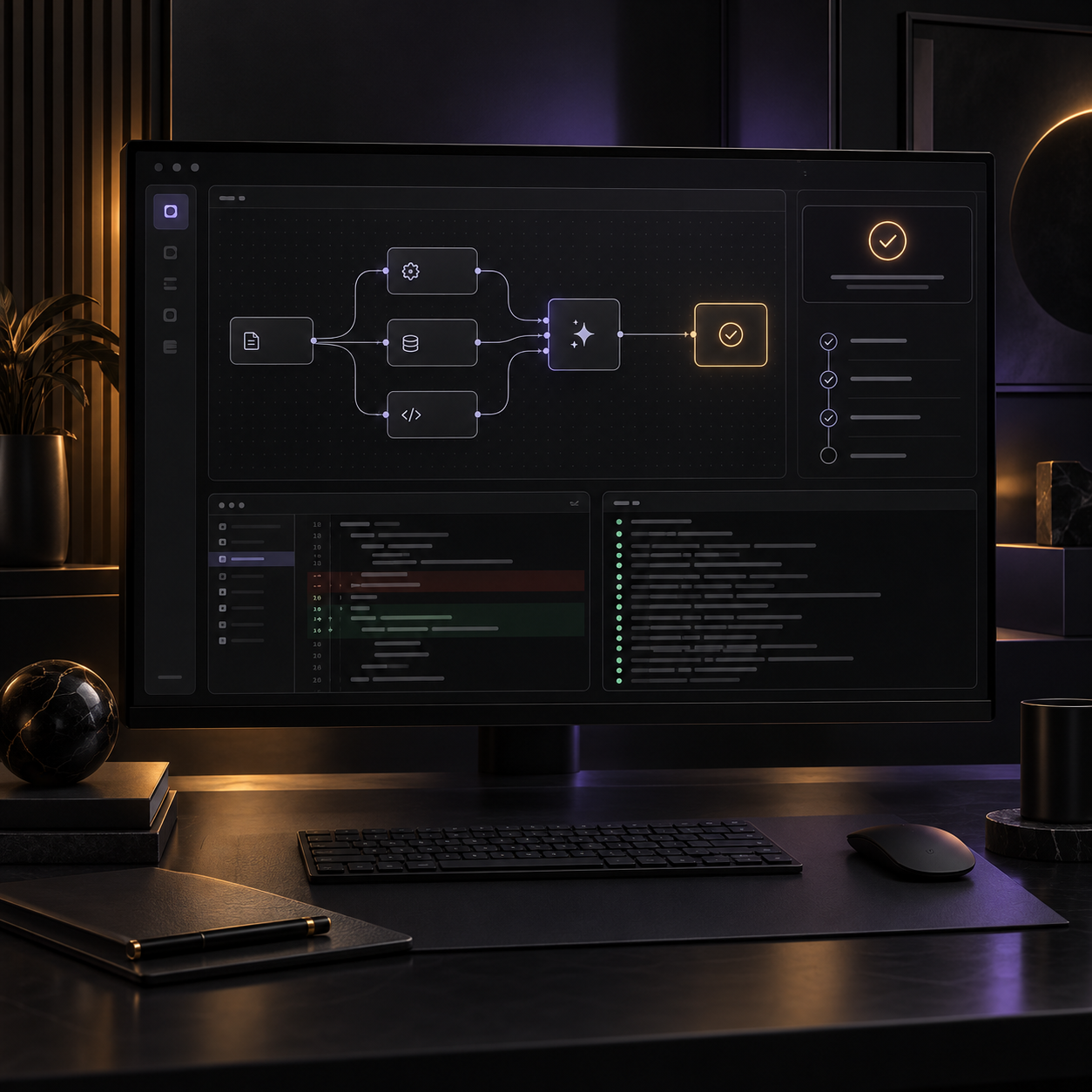A Gideon builder workspace with an automation graph, code, and terminal panels